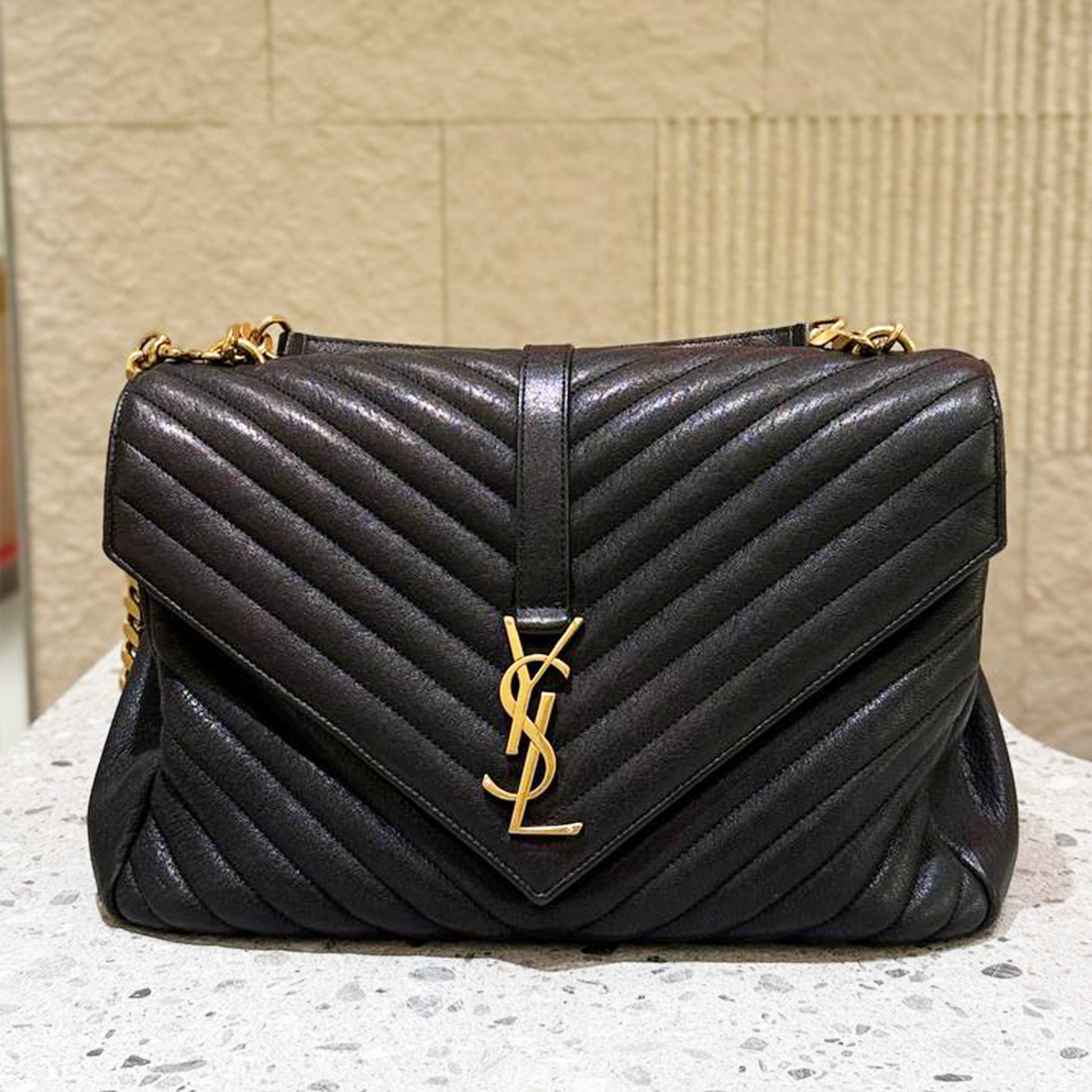 Saint Laurent College Bag in Gold Hardware & Calfskin Leather (Large)