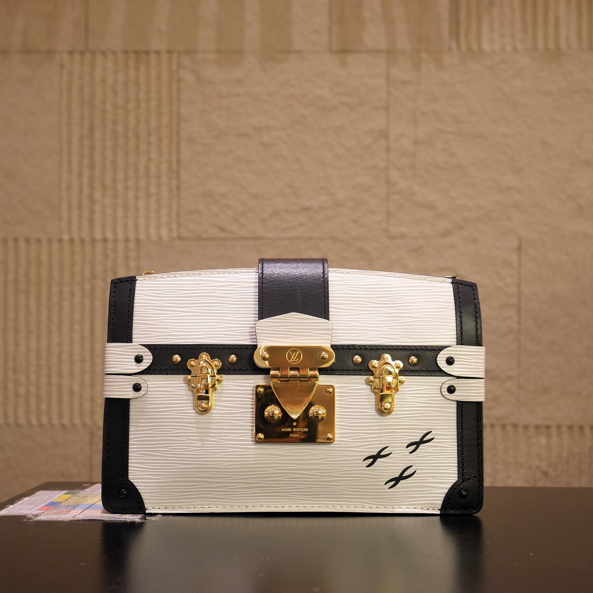 Louis Vuitton White and Black Epi Leather Petite Malle Trunk Clutch